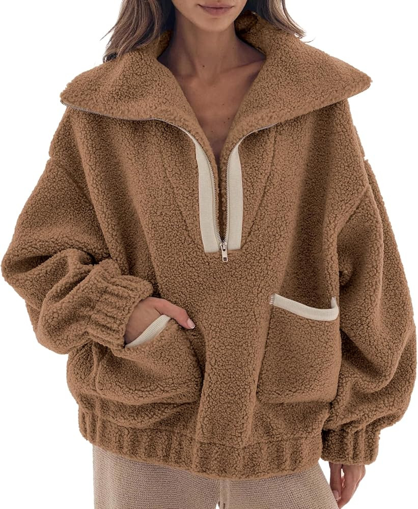 Half Zip Fleece Jacket Women Fuzzy Long Sleeve Pullover Sherpa Sweatshirts Oversized Coats Winter... | Amazon (US)