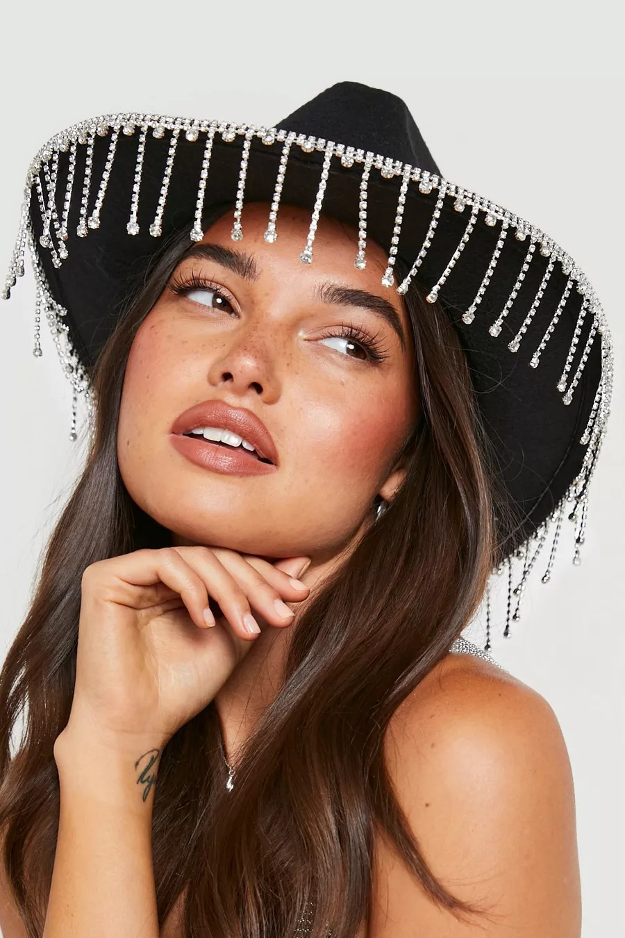 Black Rhinestone Tassel Trim Cowboy Hat | Boohoo.com (US & CA)