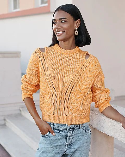 Cable Knit Crew Neck Cutout Sweater | Express