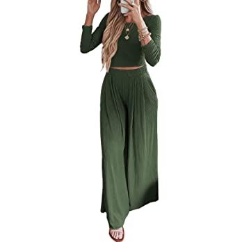 BTFBM Women's Two Piece Lounge Set Long Sleeve Bodycon Ribbed Knit Crop Top Loose Wide Leg Pant C... | Amazon (US)