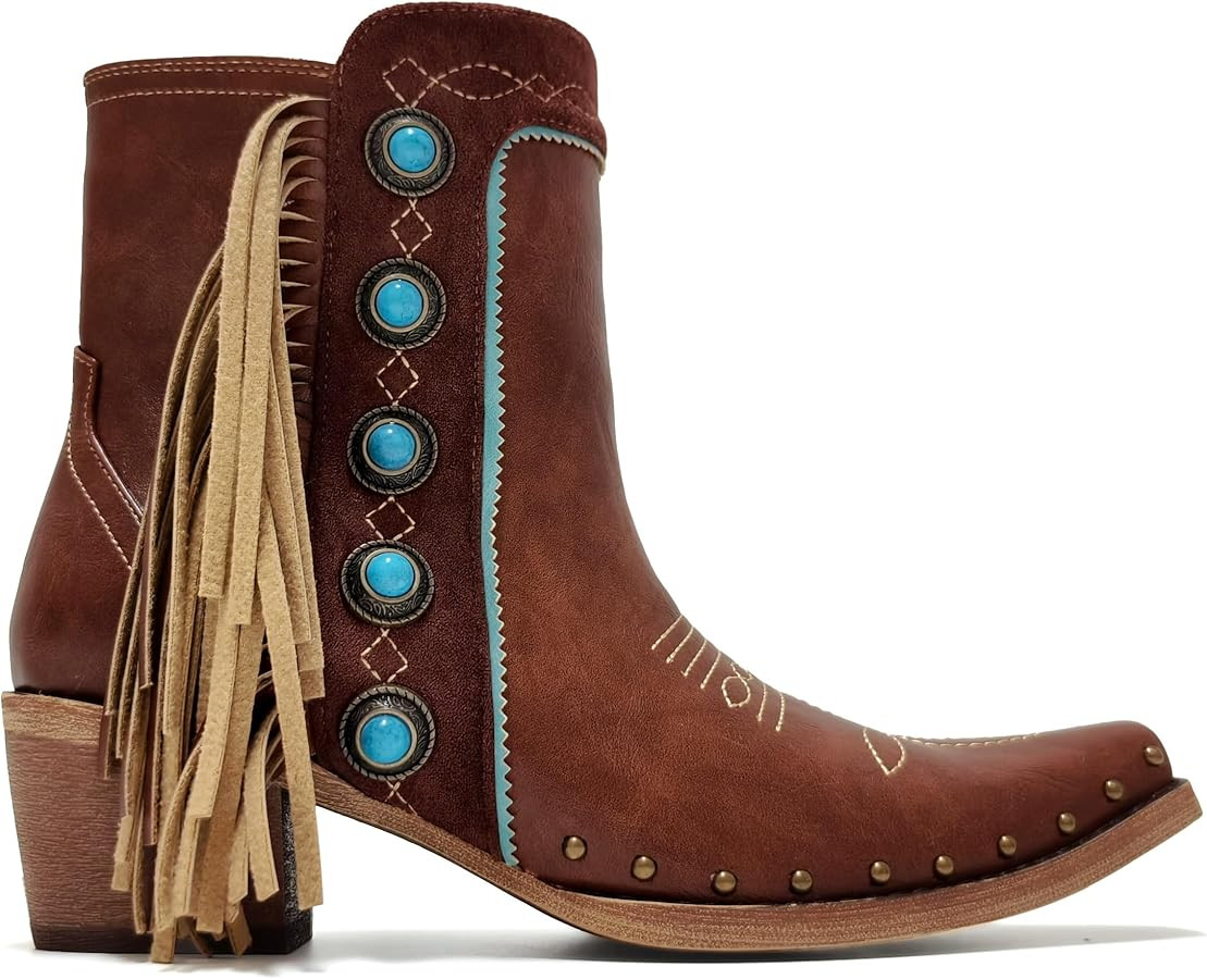 MissHeel Fringe Booties Studded Women Cowboy Ankle Boots with Turquoise Stones | Amazon (US)