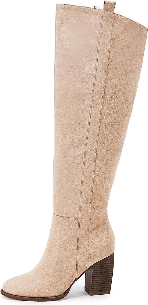 Womens Over The Knee Thigh High Boots Faux Suede Pointed Toe Side Zipper Chunky Block Heel Stretch B | Amazon (US)