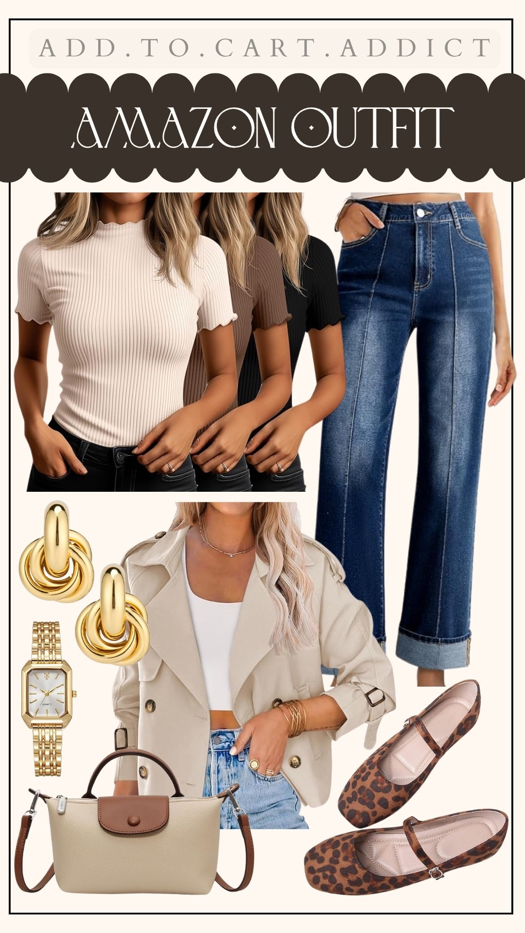 This Amazon outfit is giving effortless, chic vibes ✨ Perfect for everyday style, this look features ribbed short-sleeve tops, wide-leg jeans, a cropped trench, and leopard print Mary Jane flats. Pair it with a neutral crossbody bag, gold jewelry, and a classic watch for an elevated casual look that’s comfy yet polished.

amazon outfit • amazon fashion • amazon fashion finds • amazon outfits for women • amazon fall outfits • chic casual outfit • amazon outfit inspo • amazon wardrobe essentials • amazon everyday looks • affordable amazon fashion