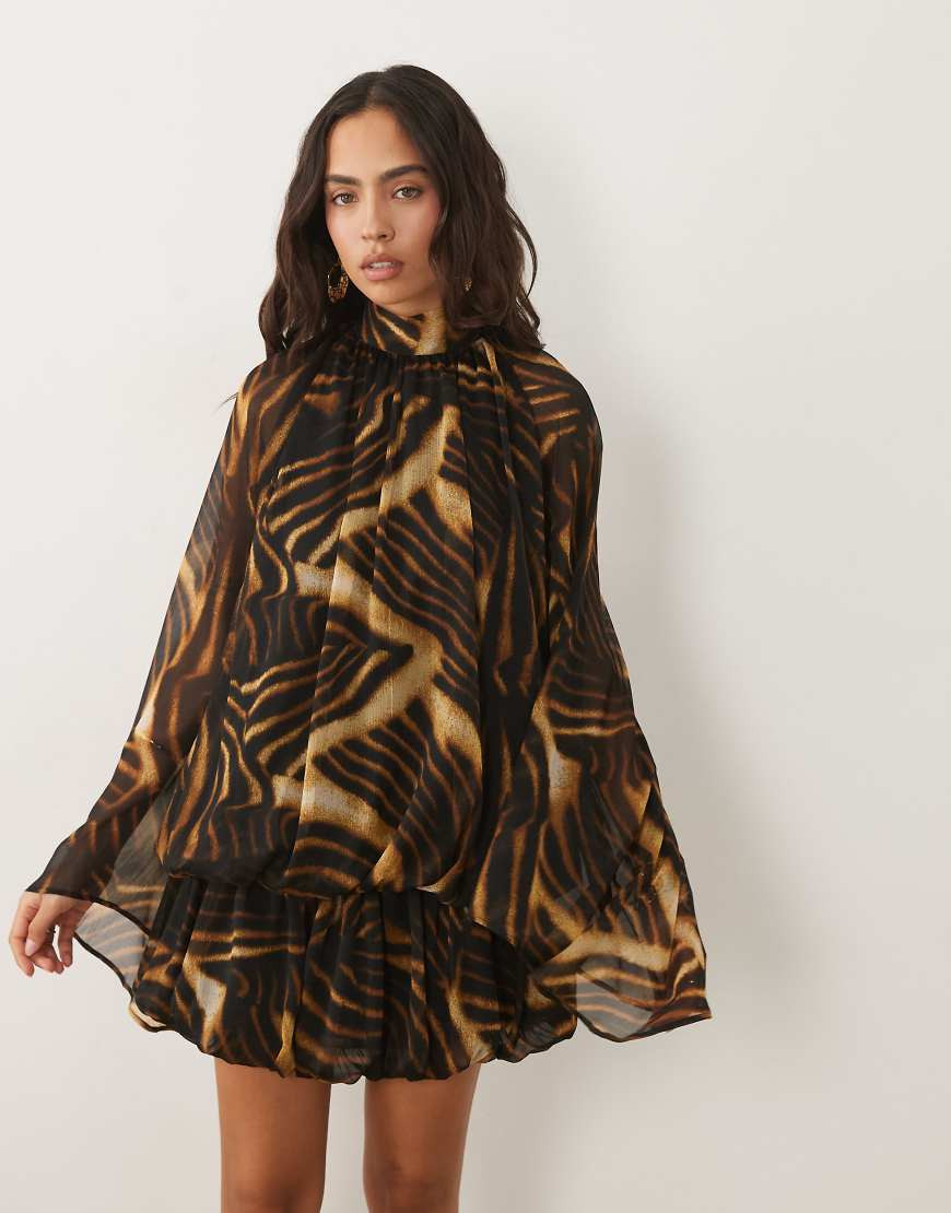 ASOS DESIGN tie neck bubble mini dress in abstract animal print-Multi | ASOS (Global)