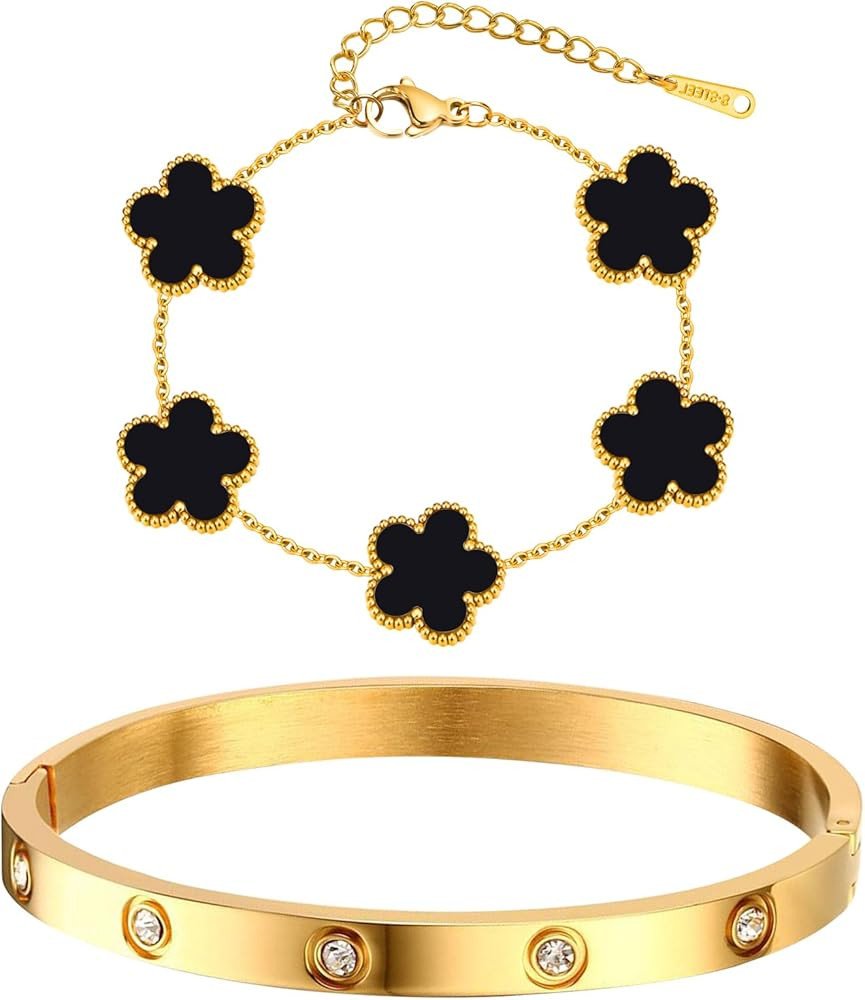 MPRAINBOW Womens Stackable Gold Bracelets Jewelry, 18K Gold Plated Floral Bracelet,Bangles Non Ta... | Amazon (US)