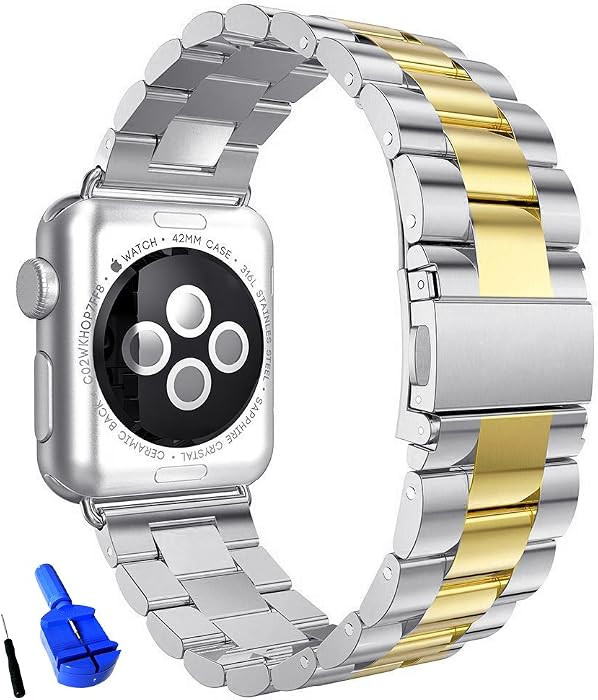 Solid Stainless Steel Band Compatible with Apple Watch 49mm 46mm 45mm 44mm 42mm 41mm 40mm 38mm, Metal Strap for iWatch Series Ultra/Ultra2/10/9/8/7/6/5/4/3/2/1 SE Women and Men(Silver/Gold 38mm/40mm/41mm) | Amazon (US)