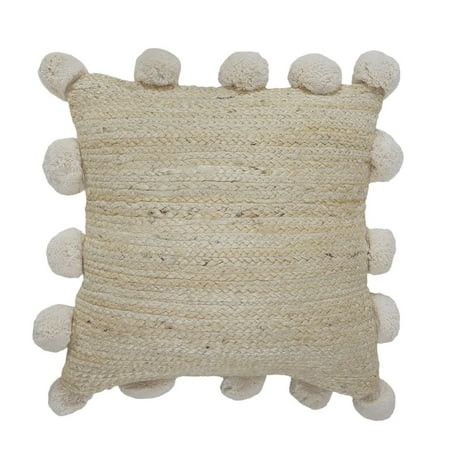LR Home Natural Jute Throw Pillow with Pom Poms Border 20 x 20 Tan | Walmart (US)
