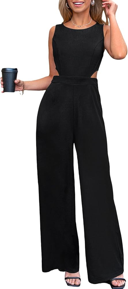 CUPSHE Women's Romper Sleeveless Crew Neck Waist Cutout Wide Leg Maxi Jumpsuit Outfit Casual Dres... | Amazon (US)