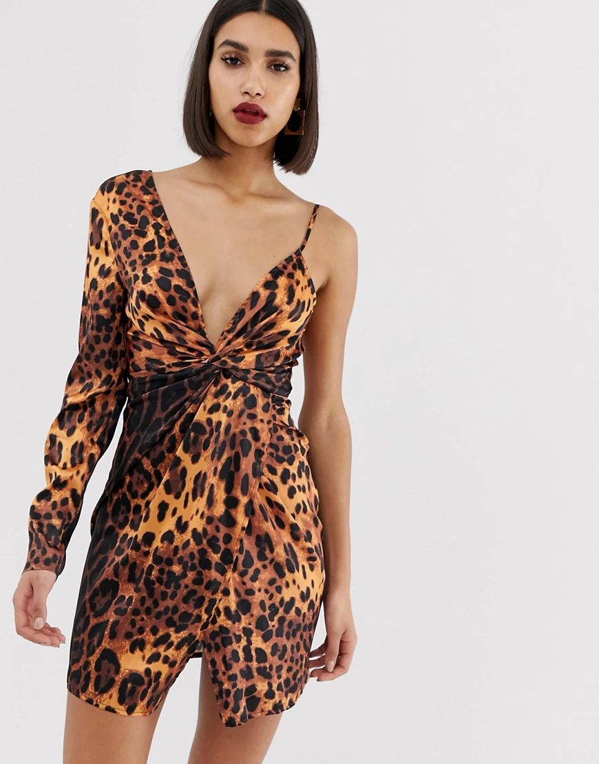 PrettyLittleThing asymmetric sleeve mini dress in leopard print-Multi | ASOS (Global)