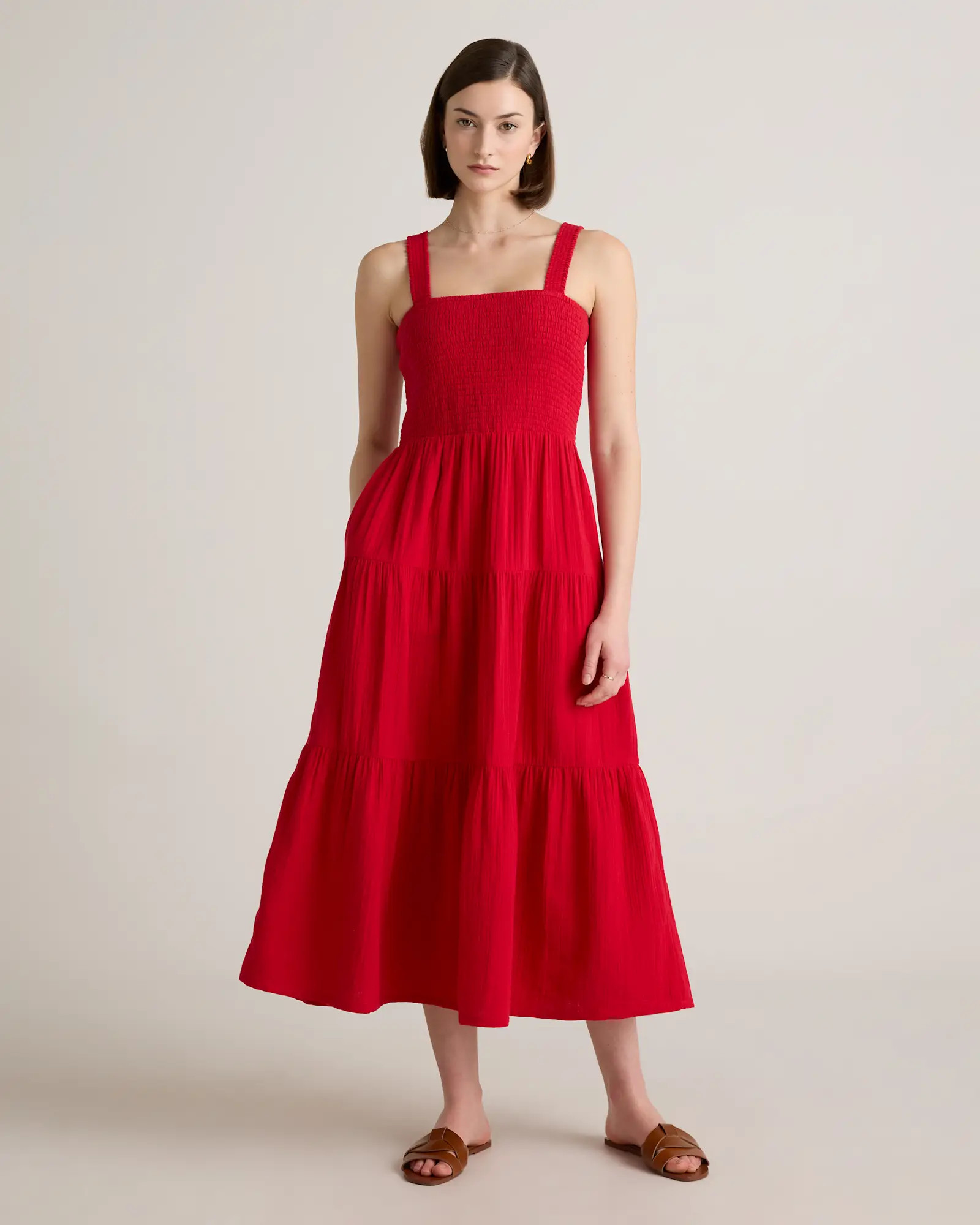 100% Organic Cotton Gauze Smocked Sleeveless Maxi Dress in Wild Cherry | Quince