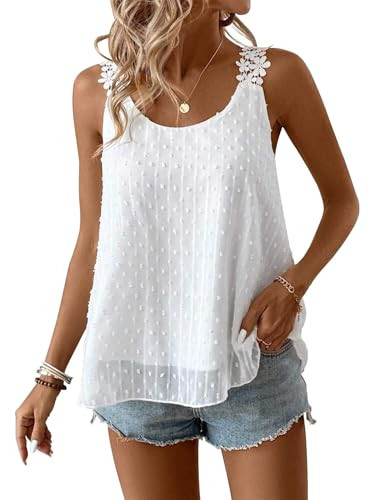 Falechay Womens Sleeveless Tops Boho Dressy Casual Square Neck Sleeveless Shirts Work Lace Flowy Tunic Tops Vest Crochet Eyelet Swiss Dot Blouse White Spring Blouses XS | Amazon (US)