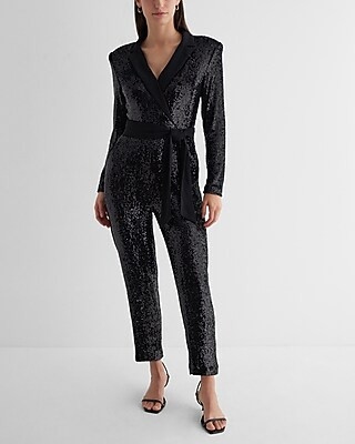 Sequin Long Sleeve Tie Waist Blazer Jumpsuit | Express