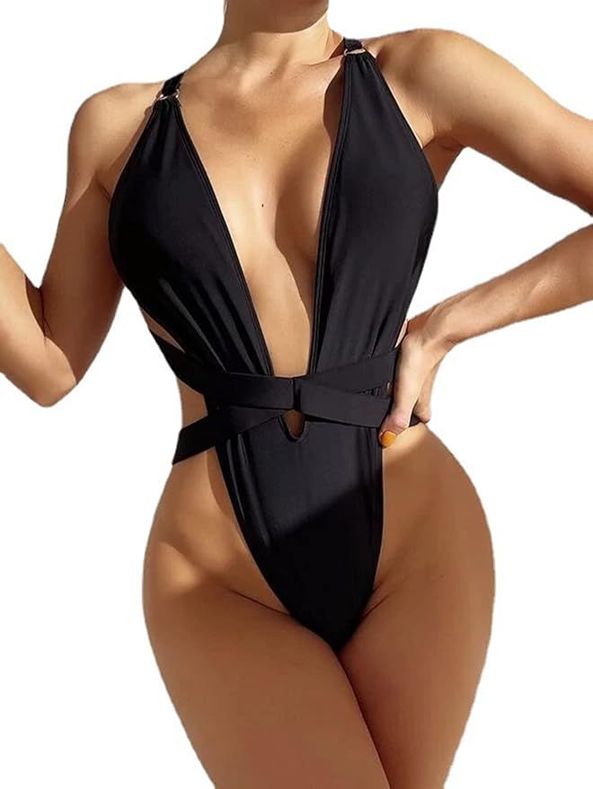 Avanova Women's Monokini Halter V-Neck Tie Front One Piece Swimsuit Backless Bathing Suits | Amazon (US)