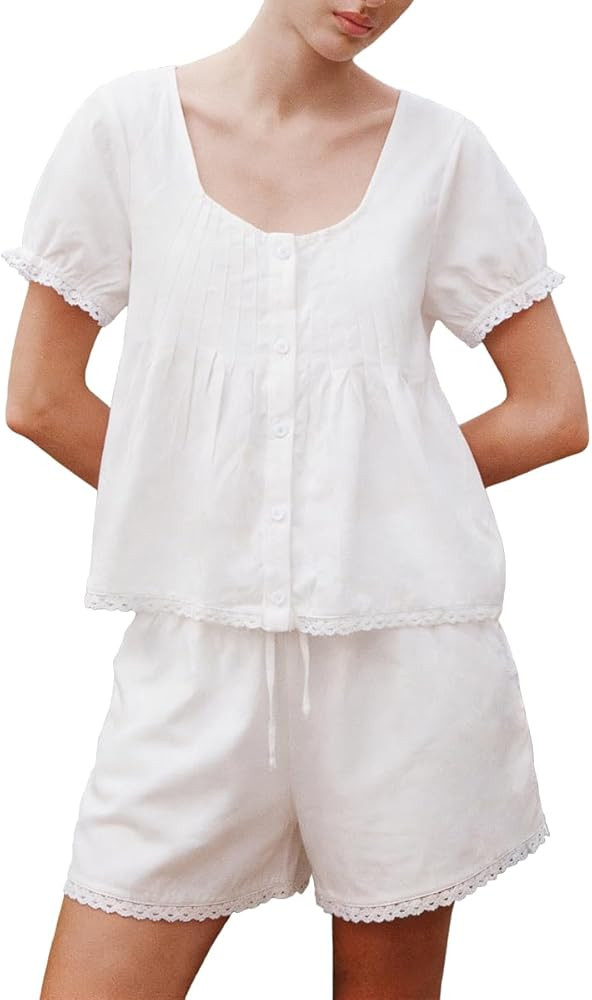 Womens 2 Piece Short Sets Fashion Button Down Puff Short Sleeve Lace Trim Pintuck Babydoll Top an... | Amazon (US)