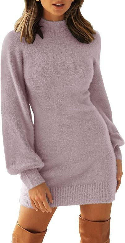 ZESICA Women's 2023 Casual Turtleneck Long Puff Sleeve Soft Fuzzy Knit Bodycon Pullover Mini Swea... | Amazon (US)