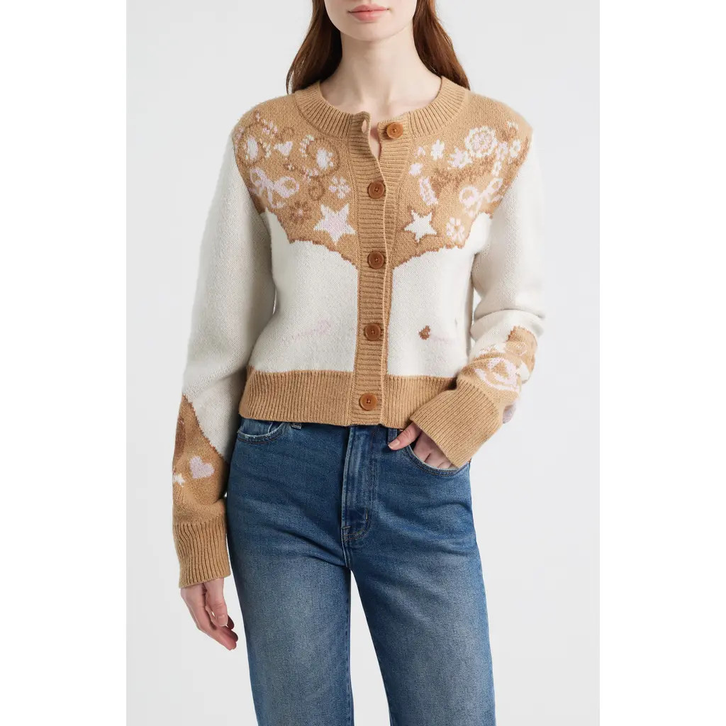 LoveShackFancy Leyah Jacquard Detail Wool Blend Cardigan in Prairie Sand at Nordstrom, Size Small | Nordstrom