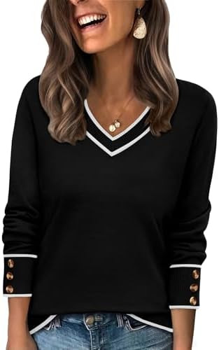 WIHOLL Lightweight Sweaters for Women Long Sleeve V Neck Knit Outfits with Decorative Buttons | Amazon (US)