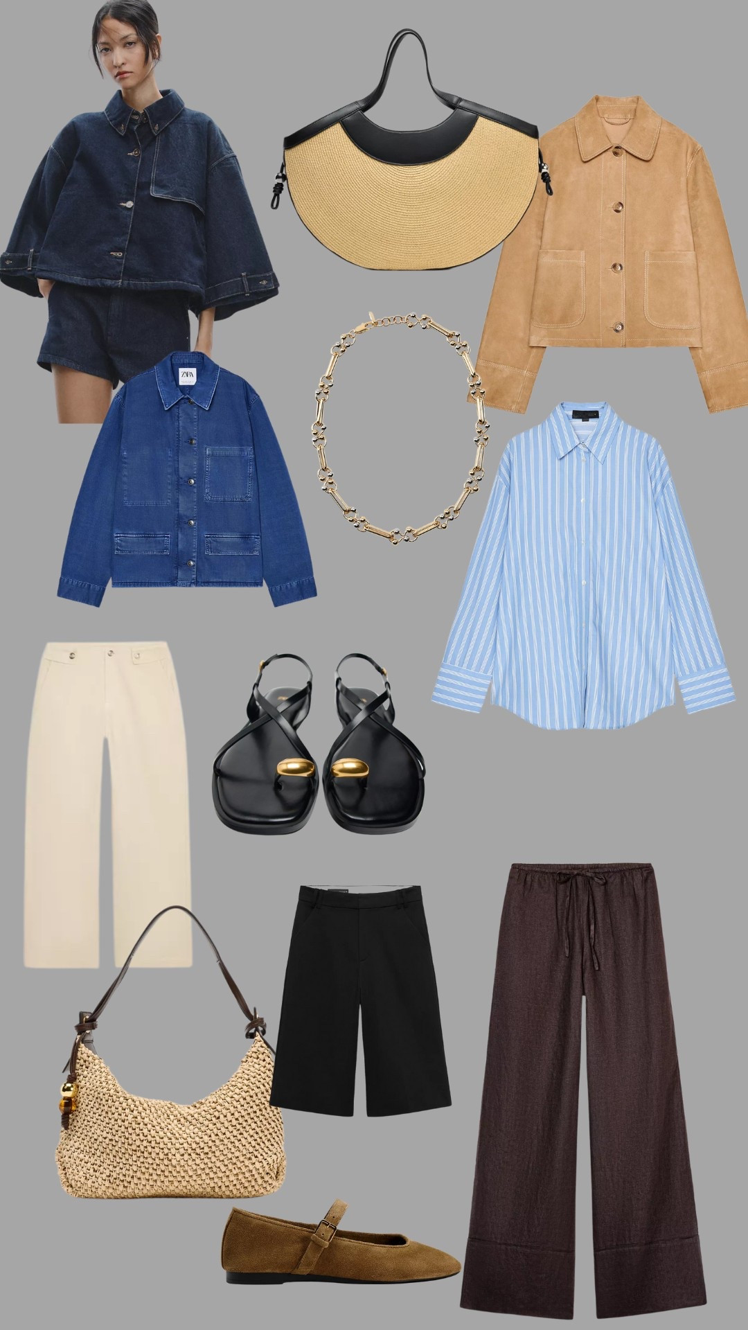 Shop my Zara edit. Striped blue shirt, suede details, denim jackets, brown wide trousers, strappy sandals, basket bags and a mixed metal necklace. 
