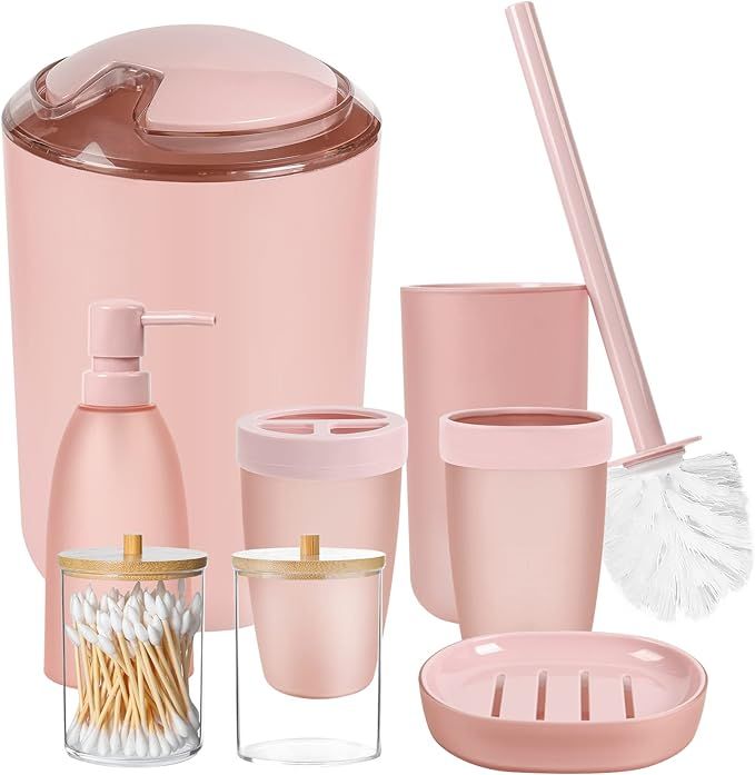iMucci 8PCS Pink Bathroom Accessories Set - with Trash Can Toothbrush Holder Soap Dispenser Soap ... | Amazon (US)