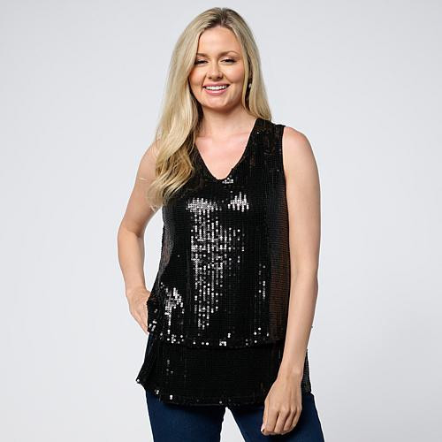 DG2 by Diane Gilman Sequin Front Combo Easy Tank - Black - Size 2X | HSN
