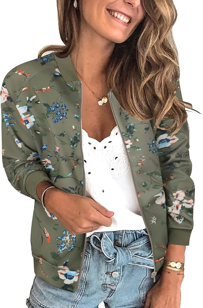 ECOWISH Women's Casual Floral Zip Up Bomber Jacket Coat Lightweight Short Camo No Lining Outwear ... | Amazon (US)
