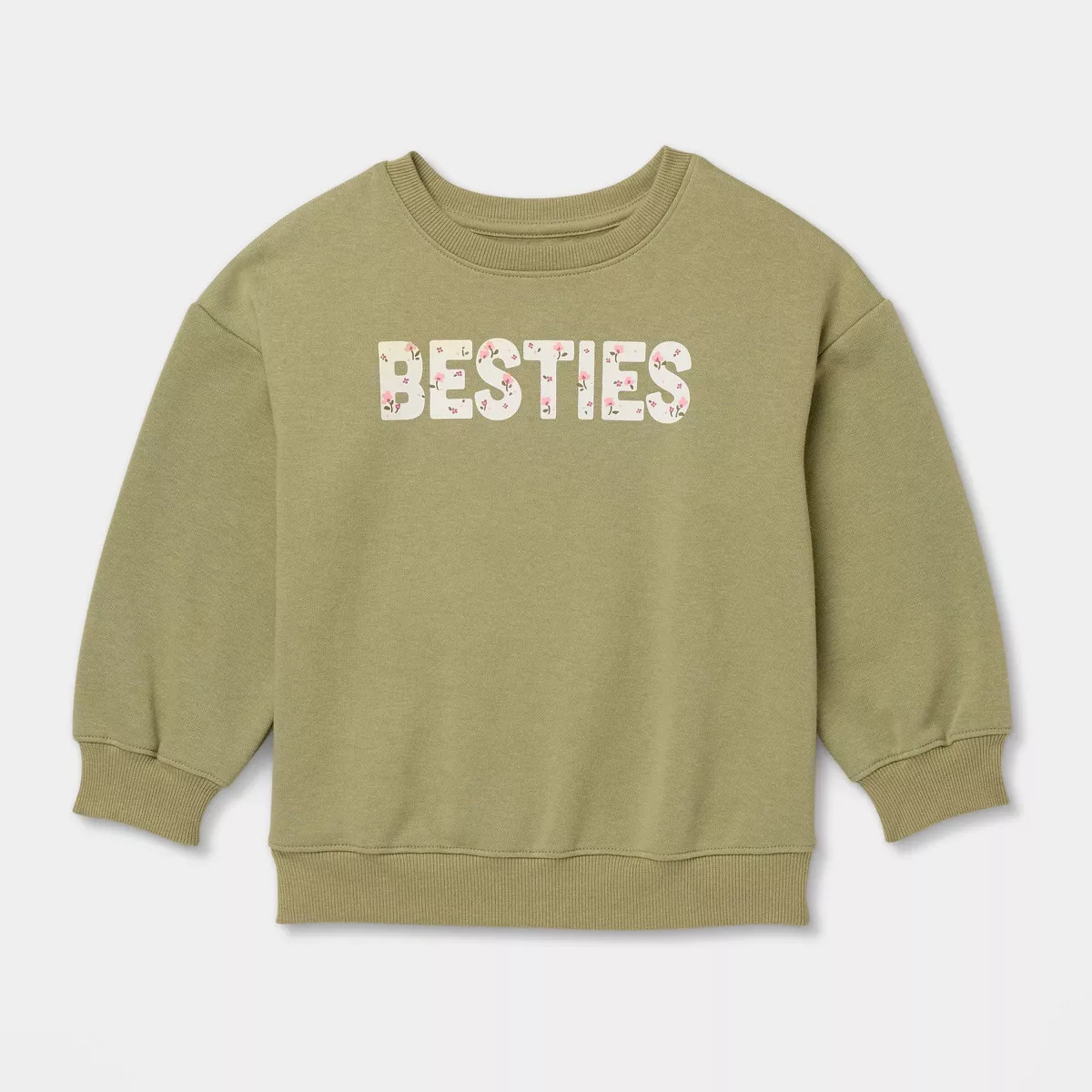 Toddler Girls' Crewneck Besties Fleece Pullover Sweatshirt - Cat & Jack\u2122 Olive 12M | Target