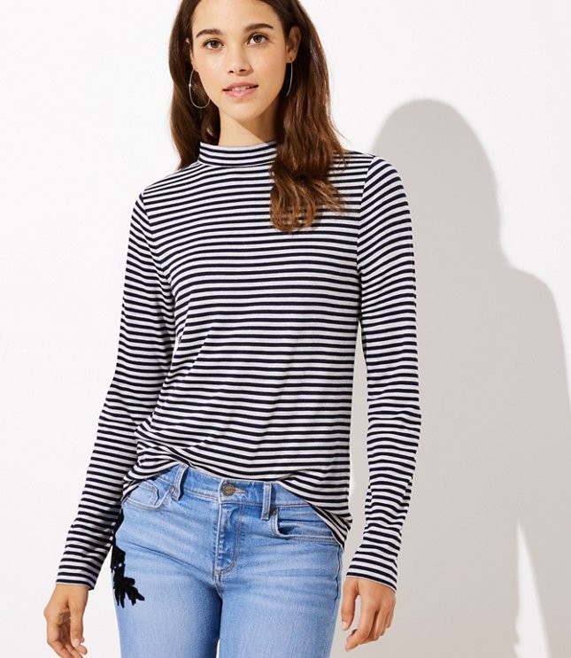 Striped Button Back Mock Neck Top | LOFT | LOFT