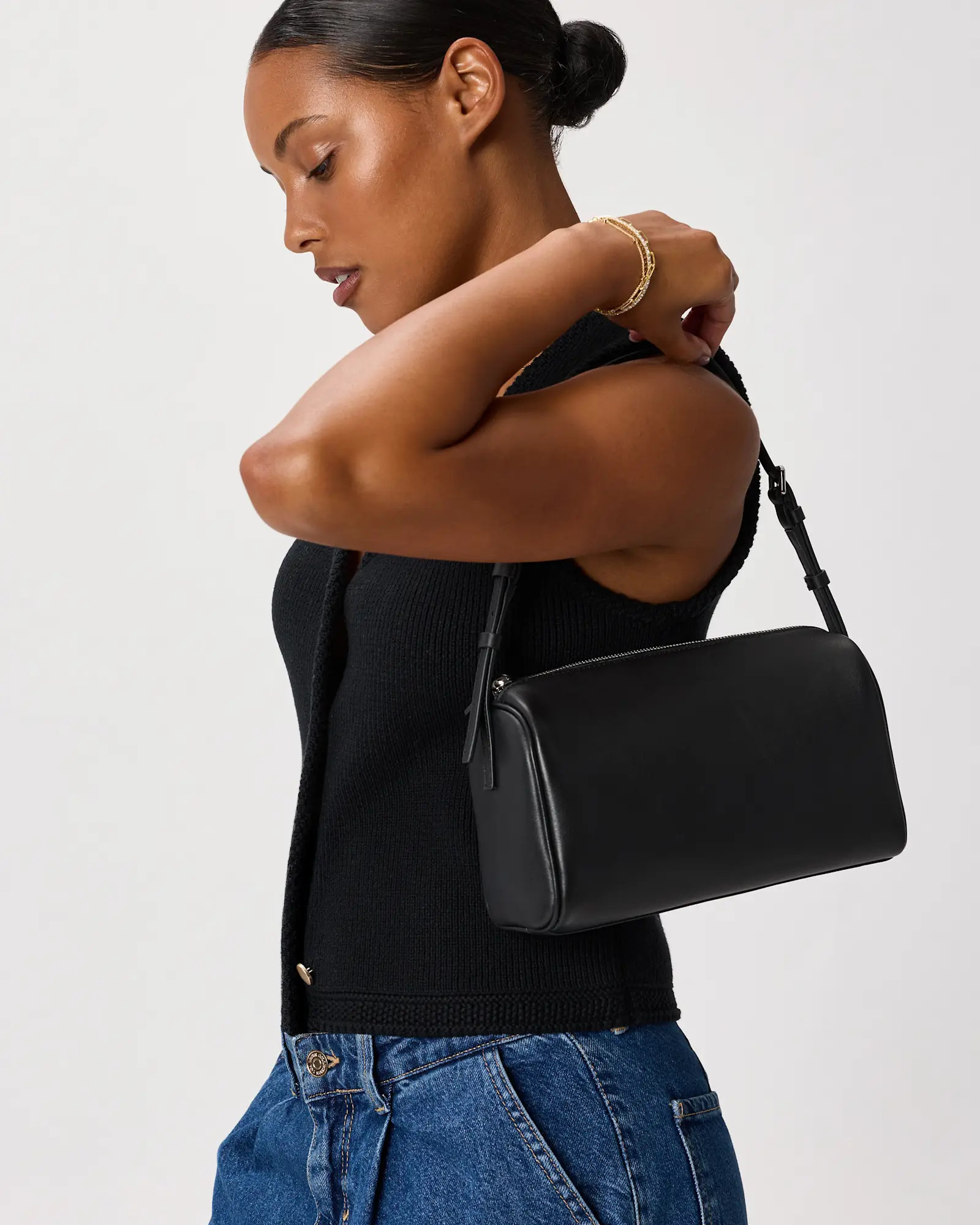 Italian Leather Mini Barrel Shoulder Bag in Black | Quince