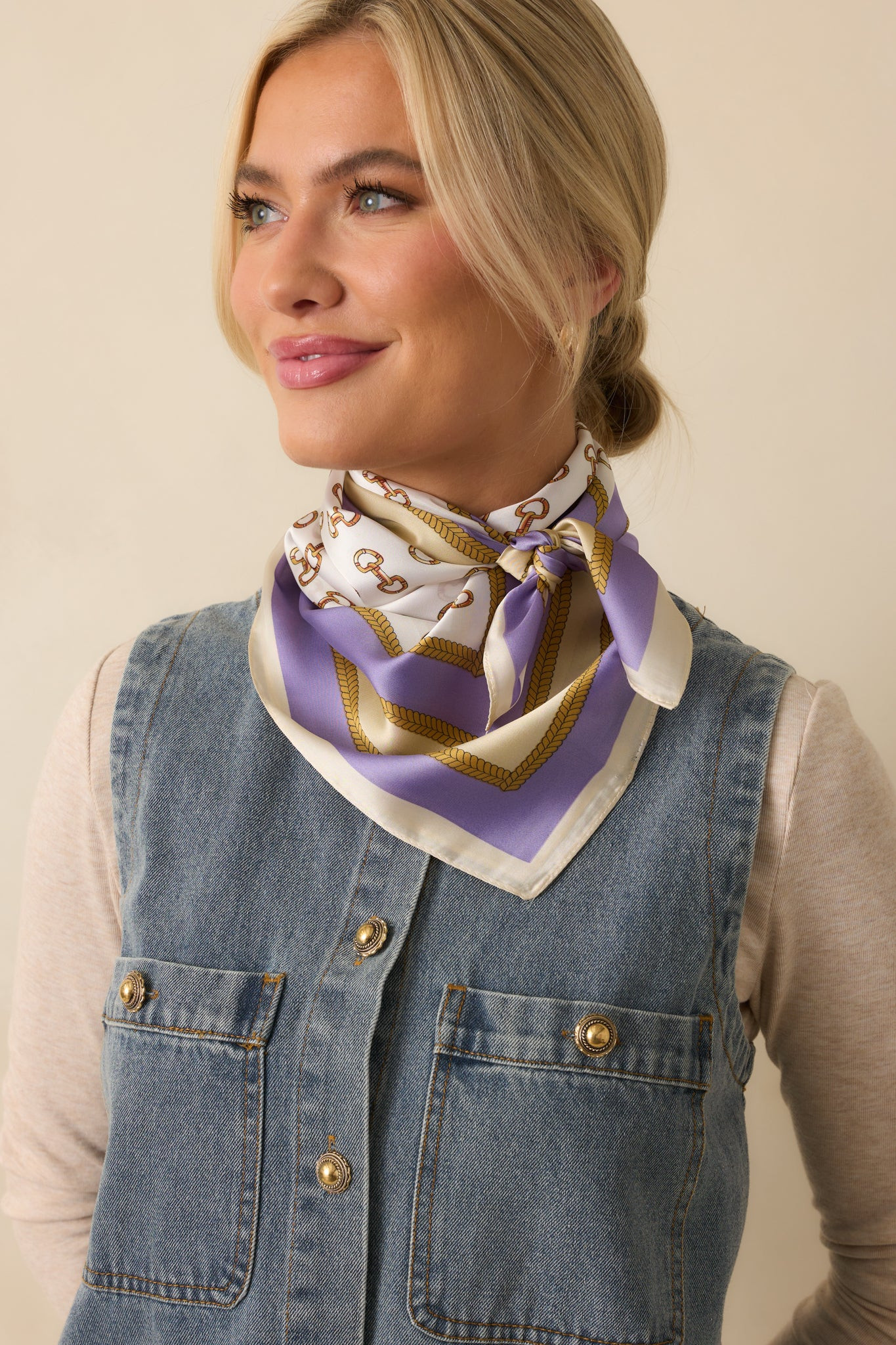 At First Light Lavender Multi Equestrian Print Satin Scarf | Red Dress