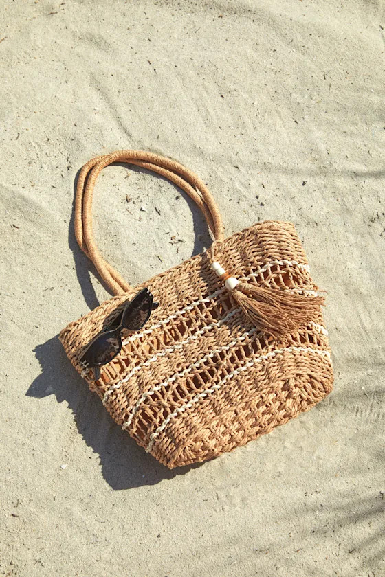On The Go Aura Tan Striped Woven Tote Bag | Lulus