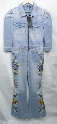 Driftwood Free People Farrah Womens Jumpsuit L Blue Denim Teal Floral Embroidery  | eBay | eBay US