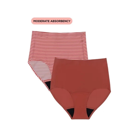 No Boundaries High-Rise Brief Moderate Absorbency Period Underwear, 2-Pack, Women’s XS-XXL | Walmart (US)