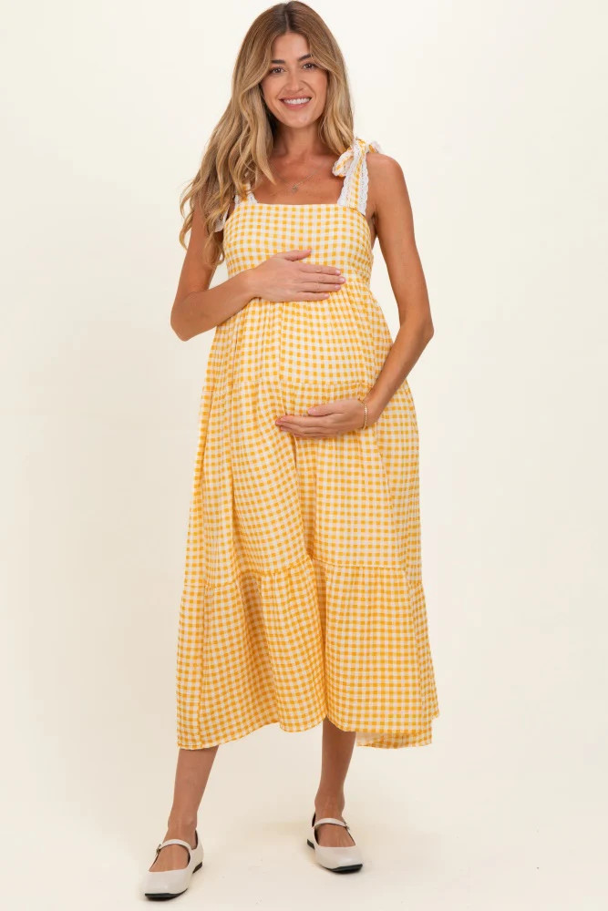 Yellow Gingham Lace Trim Shoulder Tie Maternity Maxi Dress | PinkBlush Maternity
