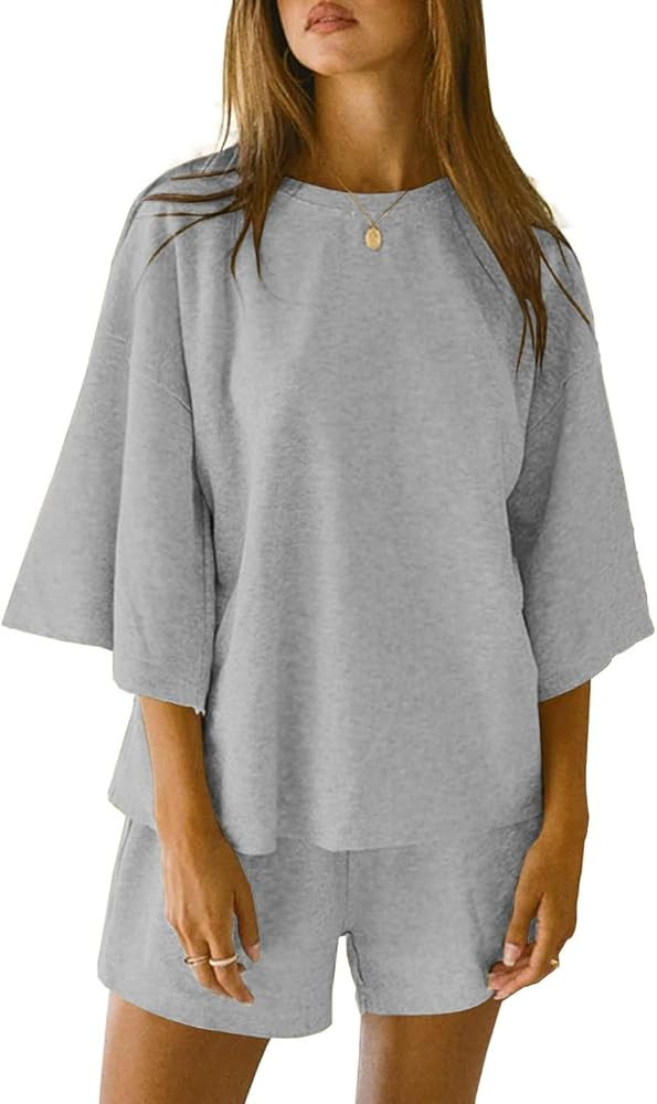 JAWINT Womens 2 Piece Sets Outfits Casual 3/4 Sleeve Tops Oversized Shirts Elastic Waist Shorts L... | Amazon (US)