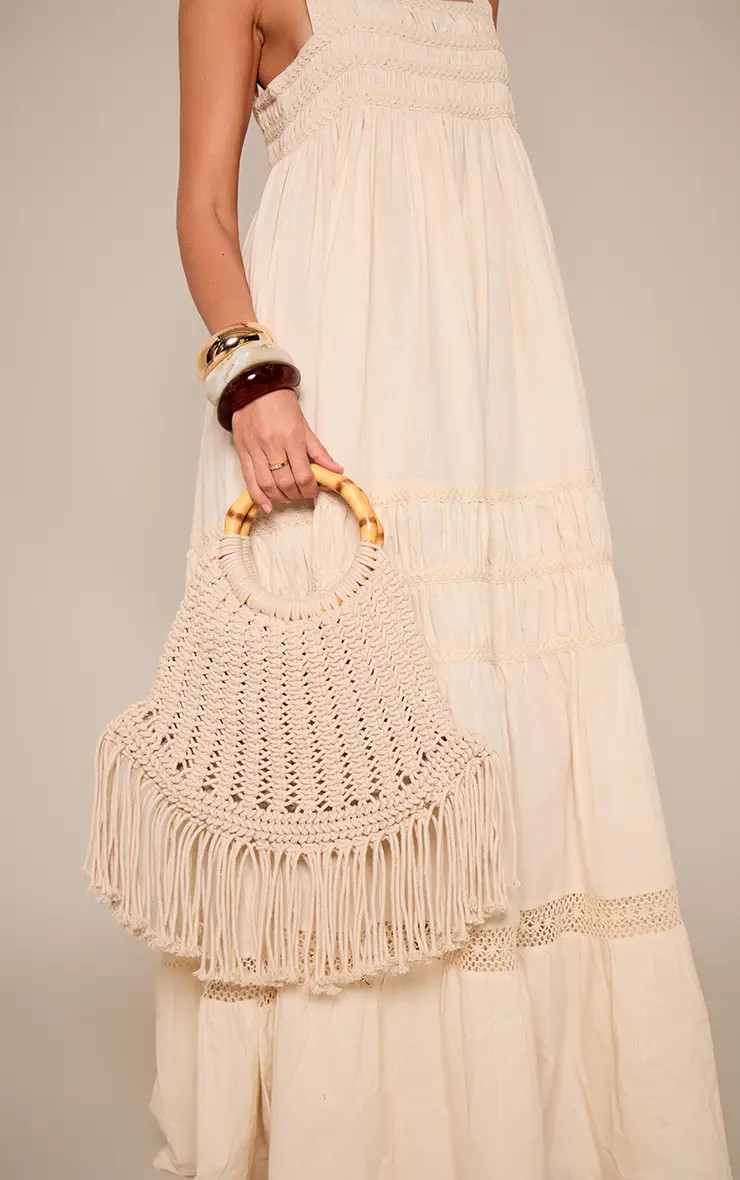 Cream Macrame Tassel Wooden Handle Handbag | PrettyLittleThing USA | PrettyLittleThing US