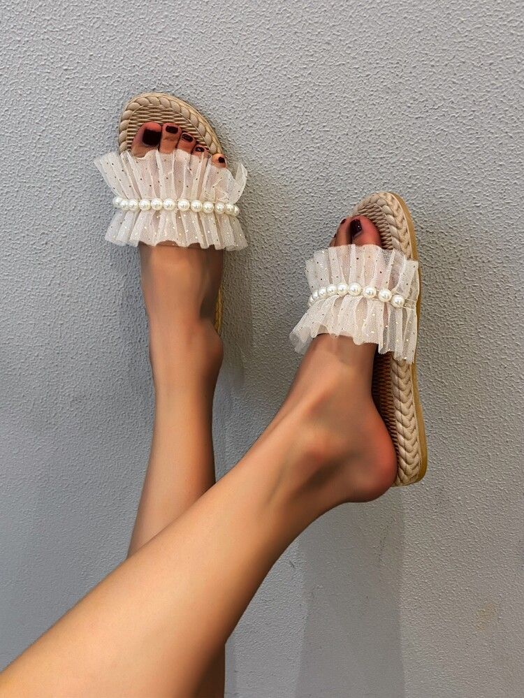 Faux Pearl Decor Ruffle Decor Slide Sandals | SHEIN