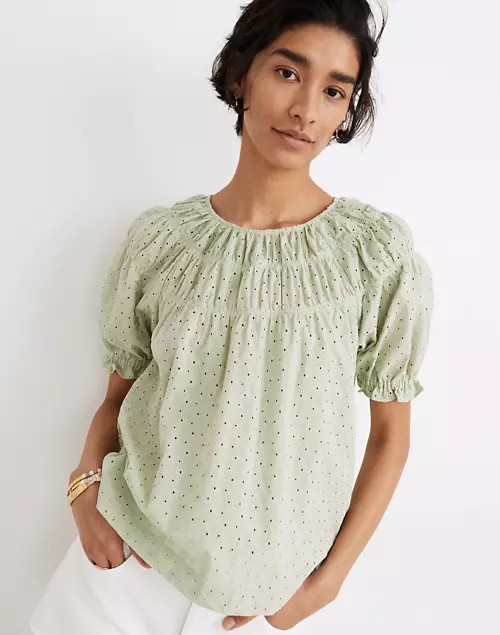 Daisy Embroidered Shirred Puff-Sleeve Top | Madewell