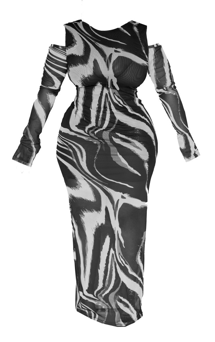 Plus Zebra Printed Mesh Cold Shoulder Maxi Dress | PrettyLittleThing US