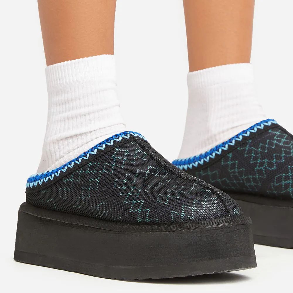 Tazzi Blue Aztec Detail Faux Fur Lining Platform Slipper In Black | EGO Shoes (US & Canada)