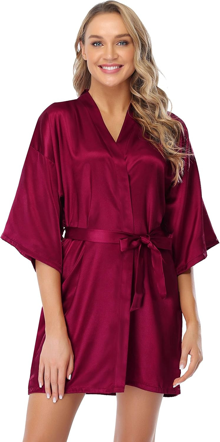 Vlazom Womens Kimono Robes Dressing Gown Satin Bathrobe Nightdress Short Style Bridal Robe | Amazon (US)