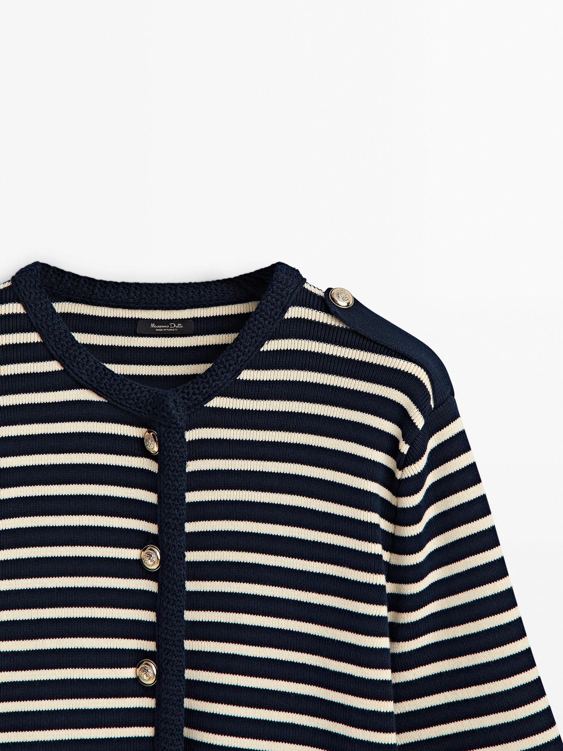 Striped knit cardigan with button detail on shoulder | Massimo Dutti US