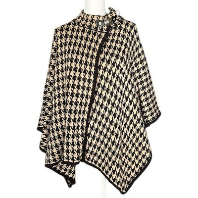 ANNE KLEIN Black & Tan Houndstooth Knit Poncho Cape Lion Head Clasp Chic sz M | eBay US