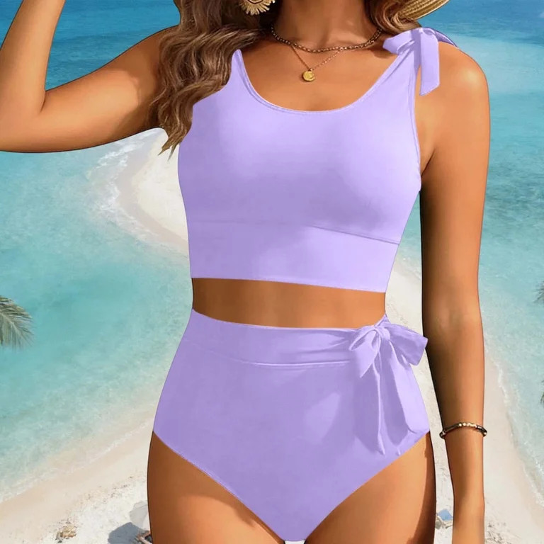 LEKWK Womens Tankini Swimsuits Tummy Control High Waisted Bikini Set Tie Shoulder Modest Bathing ... | Walmart (US)