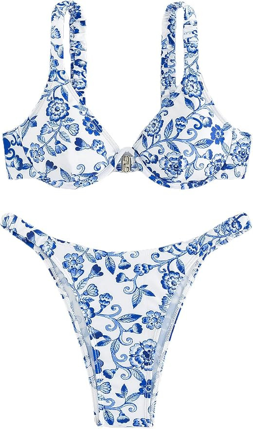 SHENHE Women's Underwire Bikini Sets 2 Piece Floral Push Up Bikini and High Cut Thong Cheeky Braz... | Amazon (US)