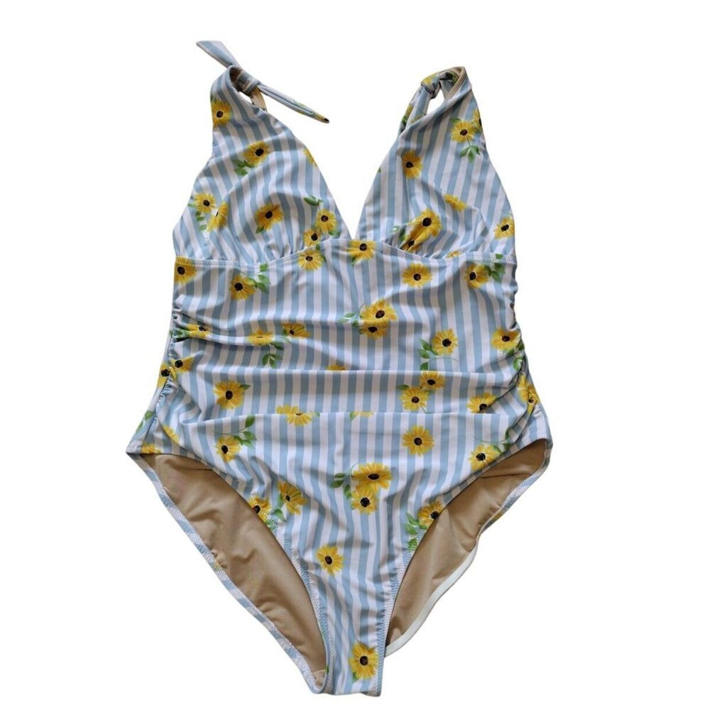 Old Navy Swimsuit‎ Women 2X Blue Yellow Striped Floral Ruched  One-Piece | Poshmark