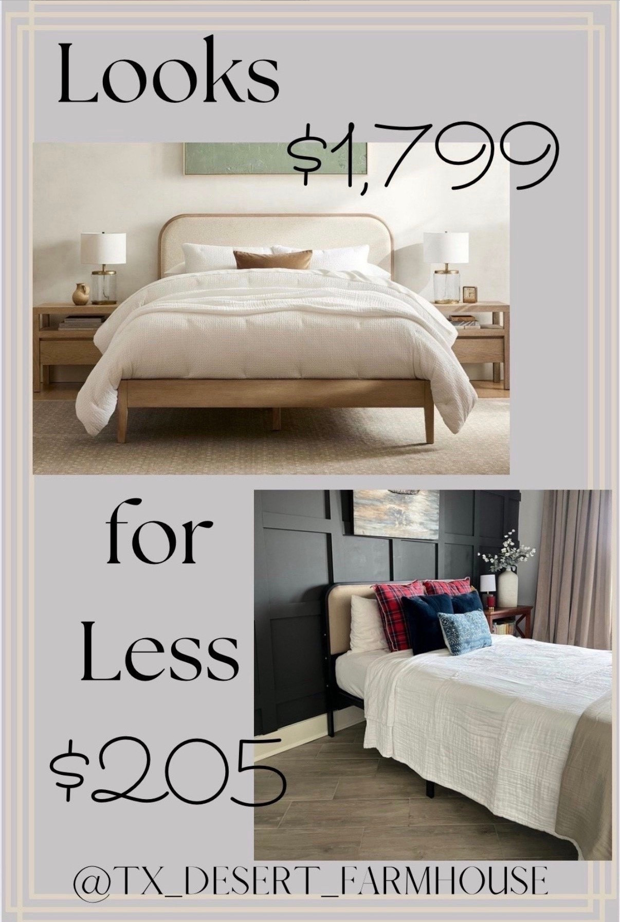 Looks for Less: Compare $1,799 to $205

If you love the rounded look of this Pottery Barn bed frame, but can’t afford to spend $1,799 then you should check out this similar headboard that’s only $205 (and only $168 for the full) 

#bedframe #looksforless #shopeandsave #metalbedframe #upholsteredbedframe #bedframesunder200 #bedding #bedroominspo #bedroom #discount #sale #splurgevssave #saver #deals

#LTKFamily 

#LTKHome #LTKmorningroutine #LTKgrwm