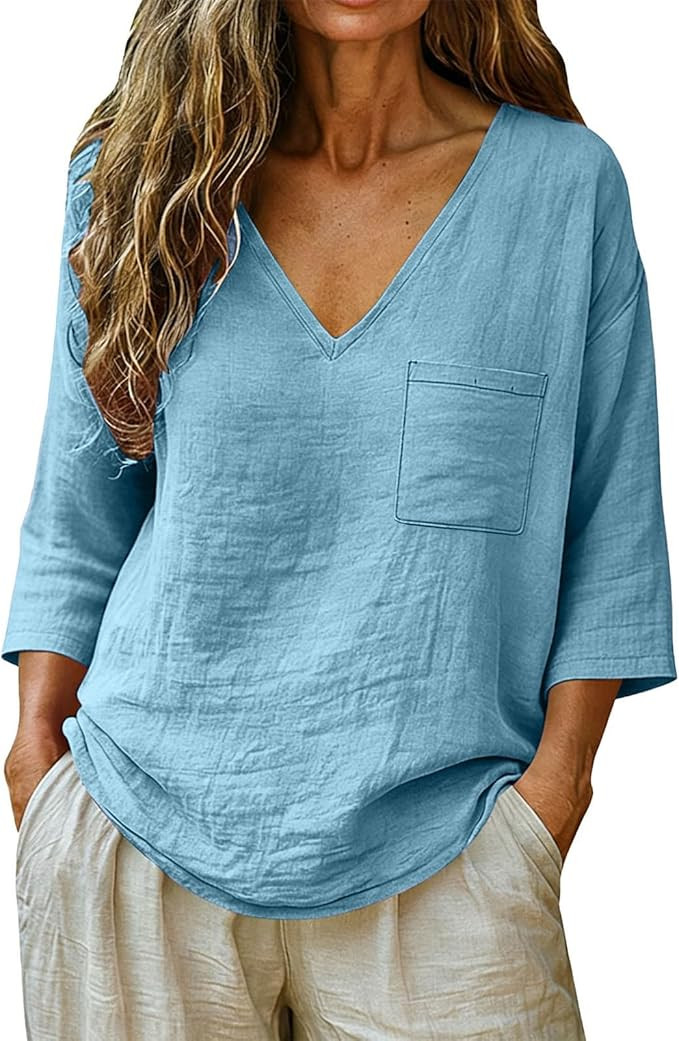 Cotton Linen Tops for Women Summer Gauze Shirts Plus Size V Neck 3/4 Sleeve Blouses Loose Dressy ... | Amazon (US)
