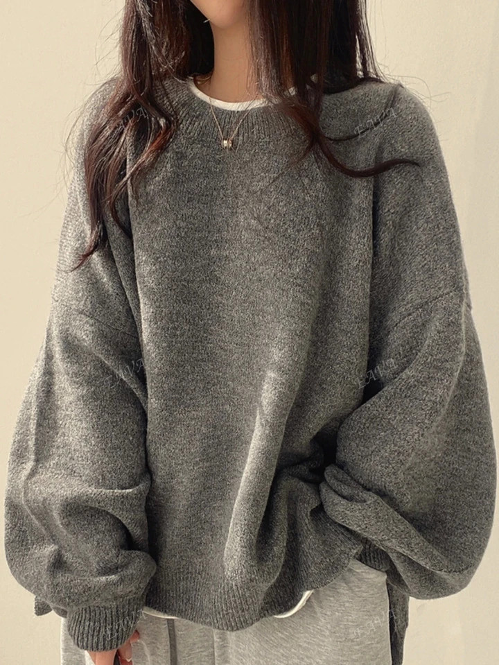 Autumn Winter Korean Style Simple Crew Neck Loose Fit Lantern Sleeve Side Slit Pullover Sweater F... | SHEIN