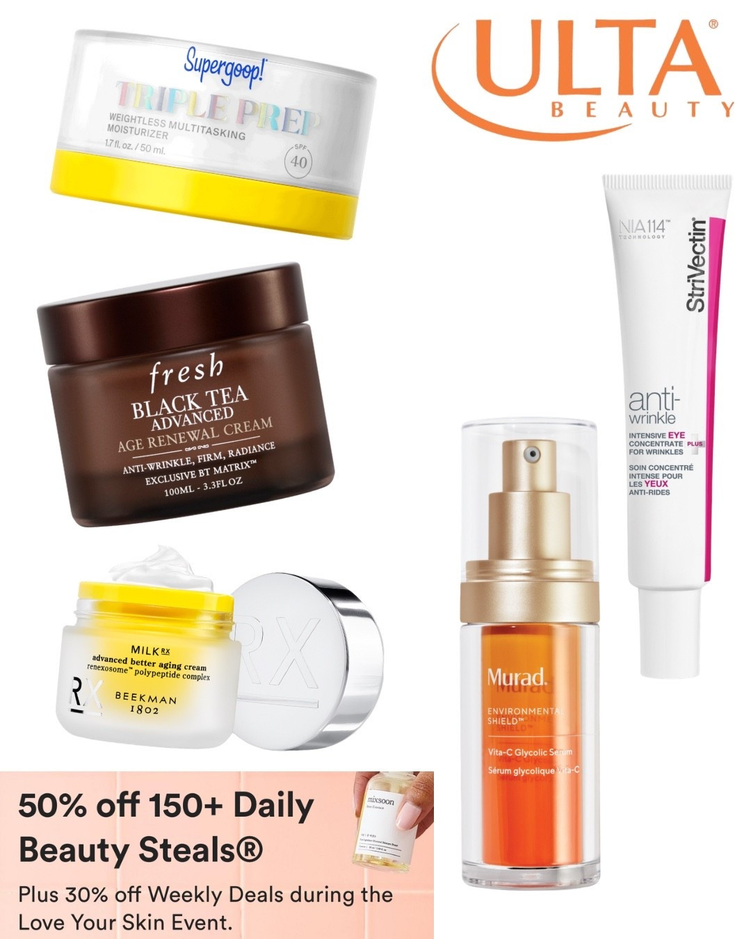 Today’s steals from Ulta’s Love Your Skin Event 💖

#Skincare #Ulta #Skin #LoveYourSkinEvent #UltaBeauty #Supergoop #Fresh #Beekman1802 #Murad #StriVectin