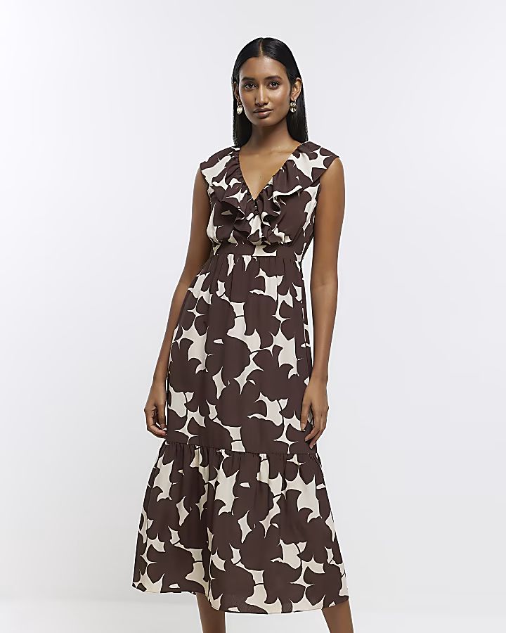 Brown print v-neck frill maxi dress | River Island (UK & IE)